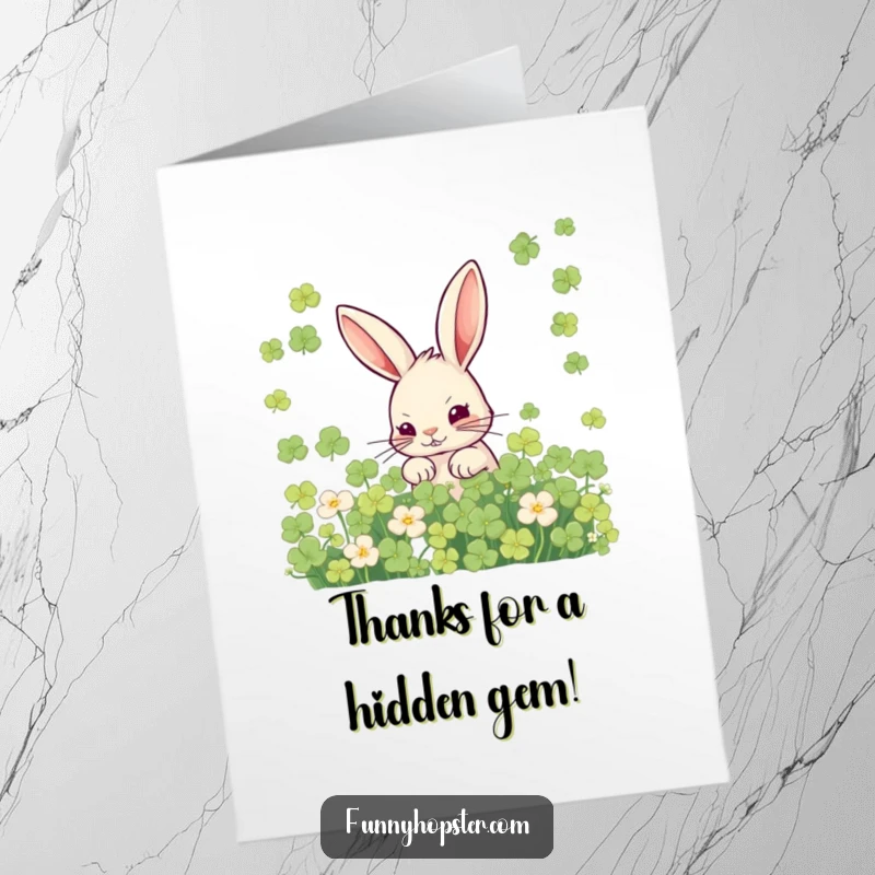 Funny Free Printable Thank You Card: A mischievous rabbit peeking from clover, offering a secret thank you.