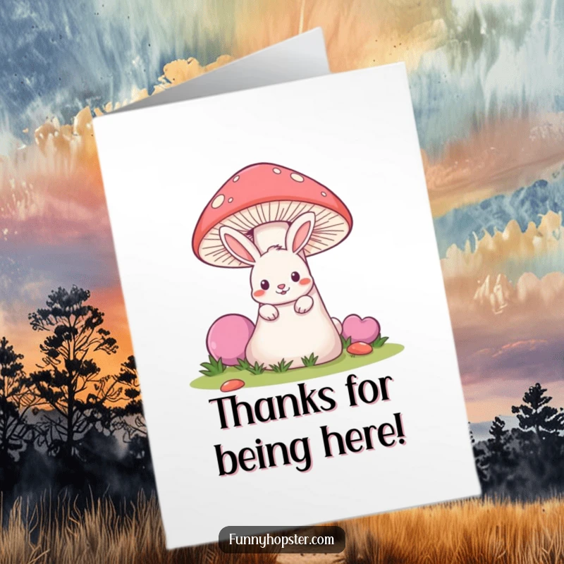 Funny Free Printable Thank You Card: A mischievous rabbit peeks slyly from behind an oversized mushroom.
