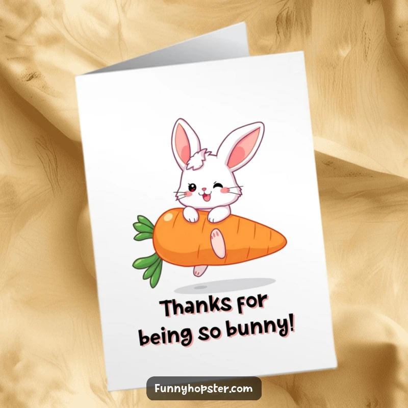 Funny Free Printable Thank You Card: A fluffy bunny with massive ears is joyfully bouncing on a giant carrot, saying thanks in style.