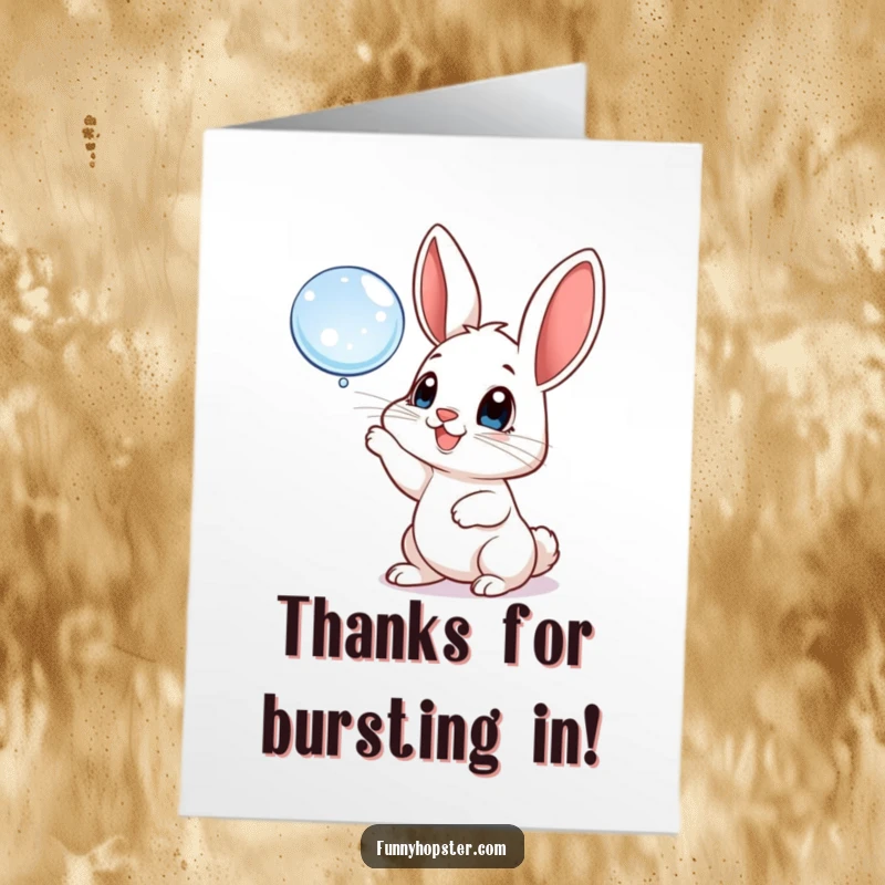 Funny Free Printable Thank You Card: A happy rabbit bats at a floating bubble with big eyes, showing thanks.