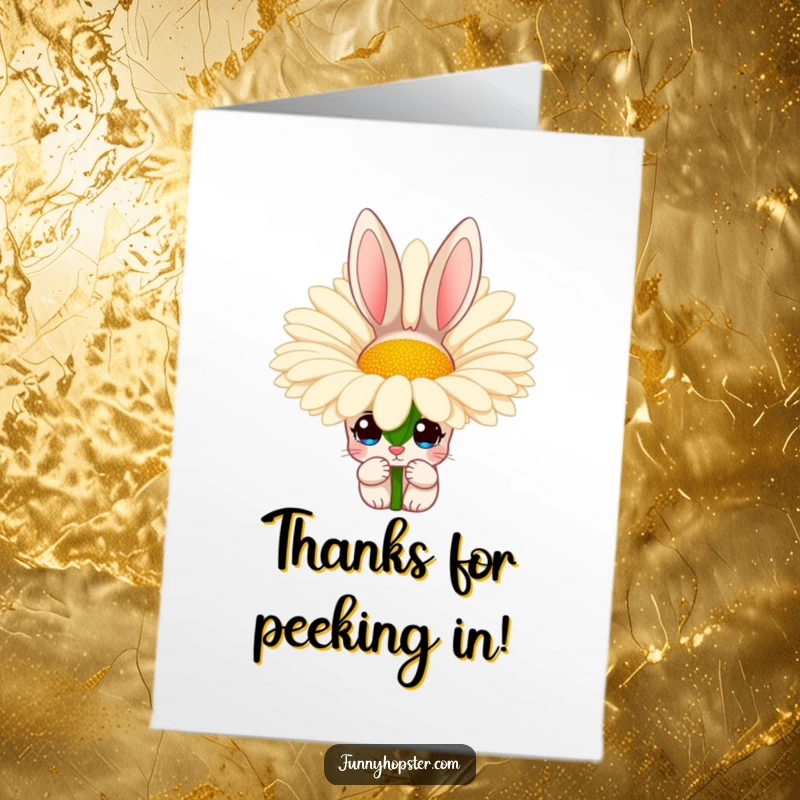 Funny Free Printable Thank You Card: a cute rabbit with big, curious eyes peeking from behind a giant daisy, showing thanks.