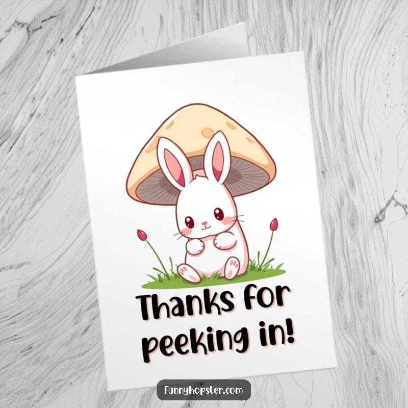 Funny Free Printable Thank You Card: A kawaii rabbit with wide eyes curiously peeking from behind a mushroom.