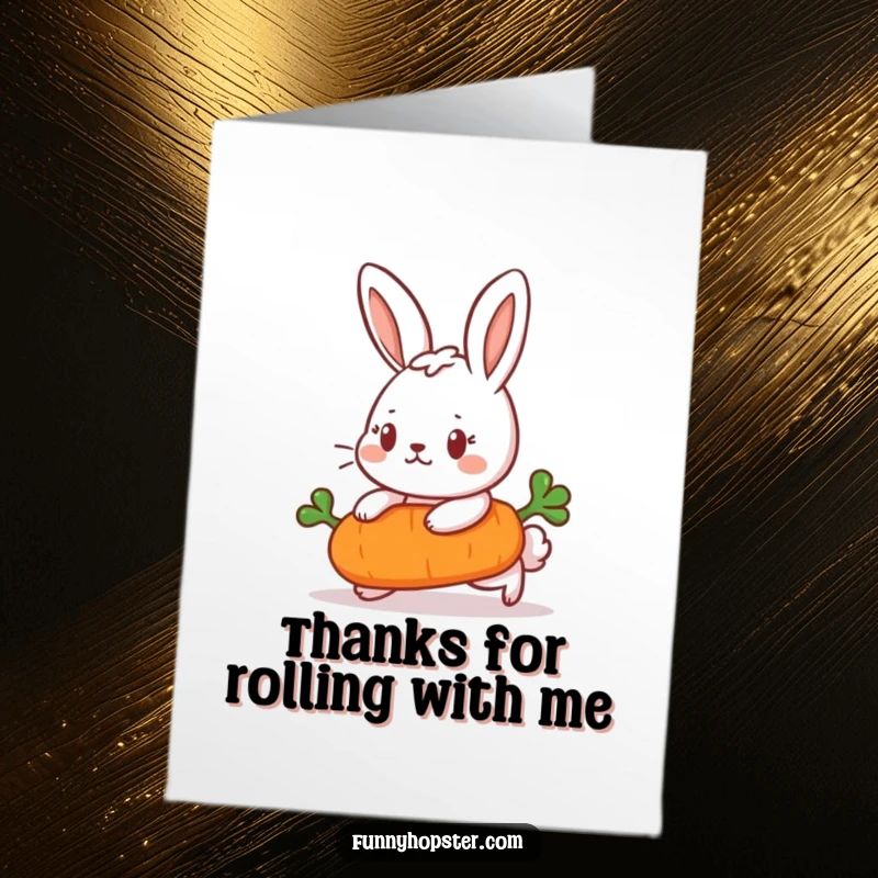 Funny Free Printable Thank You Card: Determined rabbit pushing a carrot, a humorous token of appreciation.