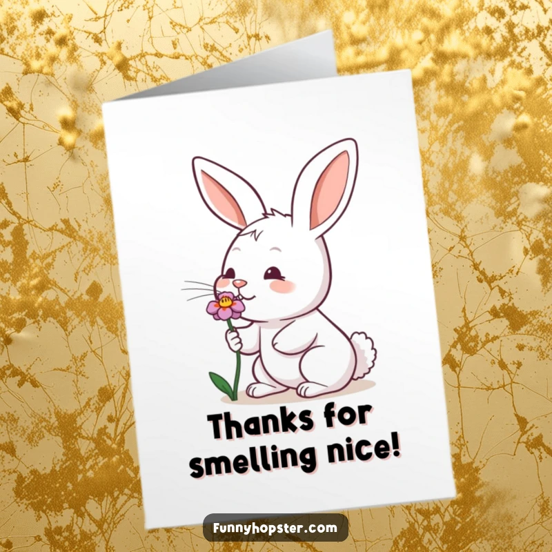 Funny Free Printable Thank You Card: A rabbit wiggles its nose with delight while sniffing a colorful flower.