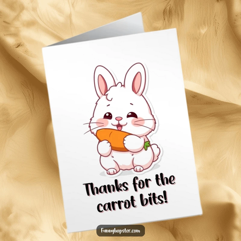 Funny Free Printable Thank You Card featuring a fluffy rabbit with happy eyes devouring a carrot, a sweet gesture.