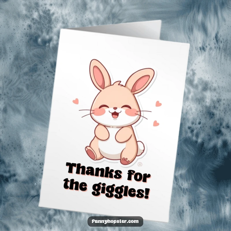 Funny Free Printable Thank You Card: A kawaii rabbit giggles in a silly wiggle, expressing thanks.