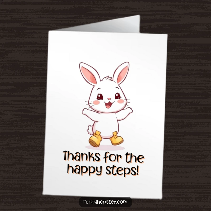 Funny Free Printable Thank You Card: A happy rabbit in tiny boots performing a joyful dance move.