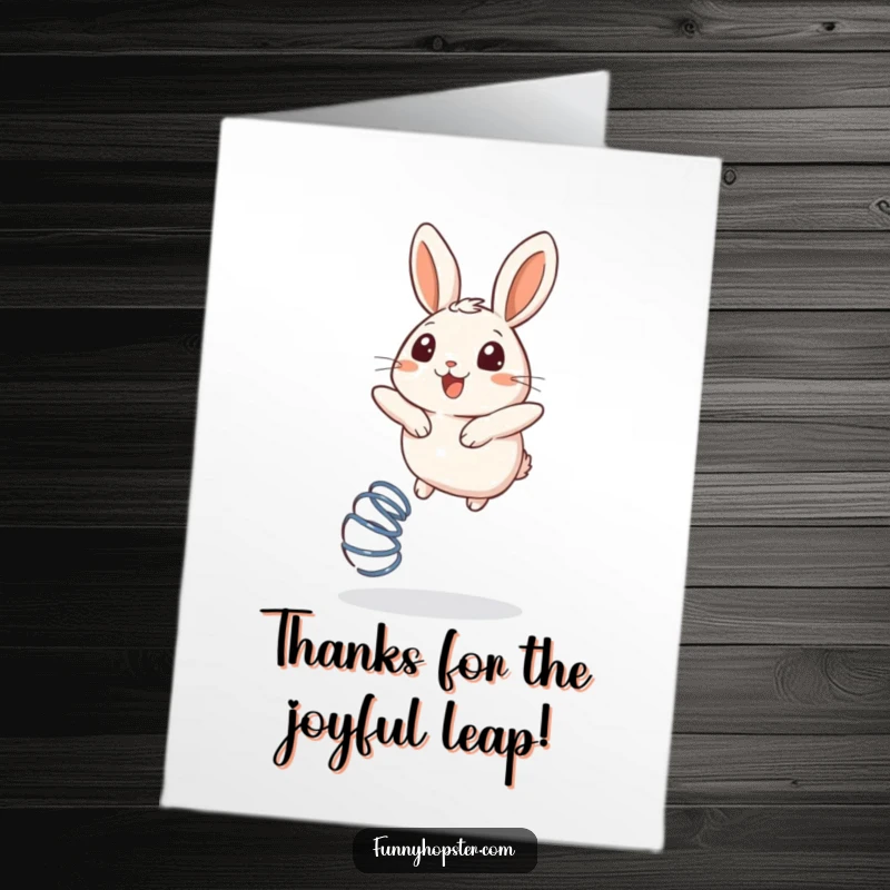 Funny Free Printable Thank You Card: A round rabbit with a joyful expression, bouncing high on a spring.