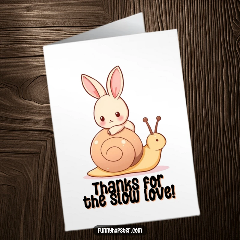 Funny Free Printable Thank You Card: A small rabbit peacefully riding on a slow, friendly snail.