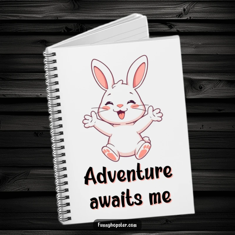 Funny notebook with a happy rabbit character, paws outstretched, ready to spring, ideal for jotting down energetic thoughts.