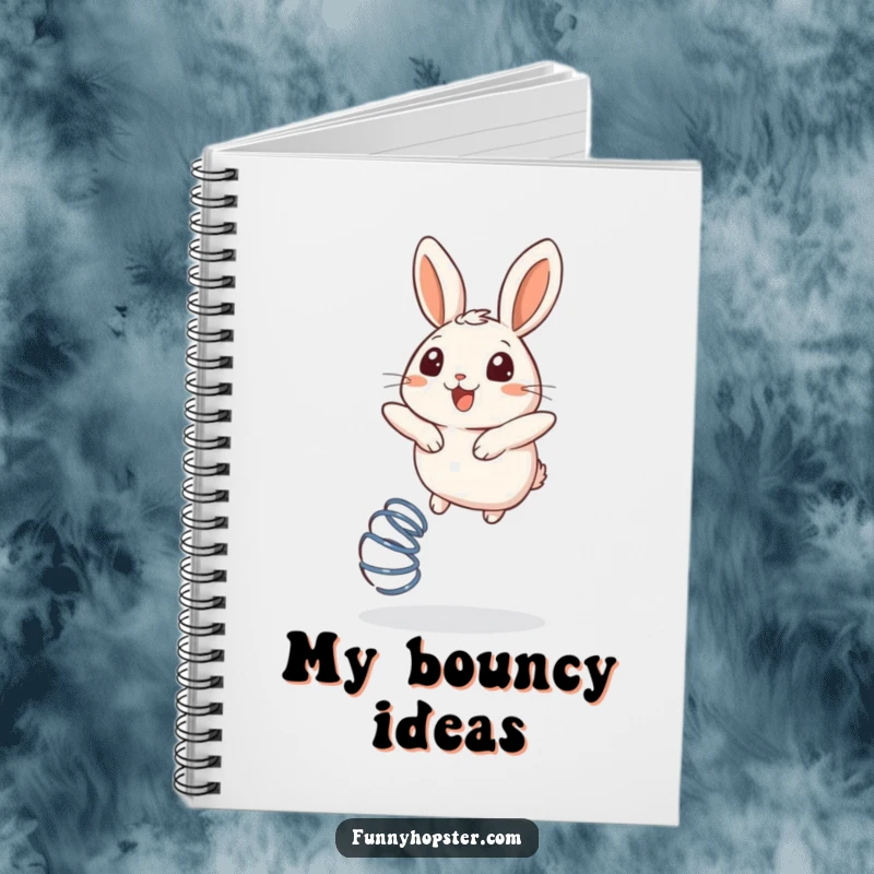 Funny notebook cover with a round rabbit bouncing on a spring with an expression of pure delight.