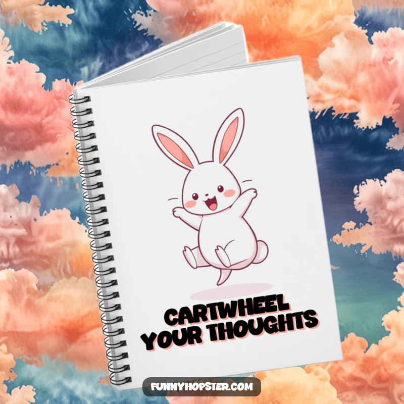 Funny notebook featuring a cheerful rabbit mid-cartwheel, ears trailing, ideal for jotting down energetic thoughts and plans.