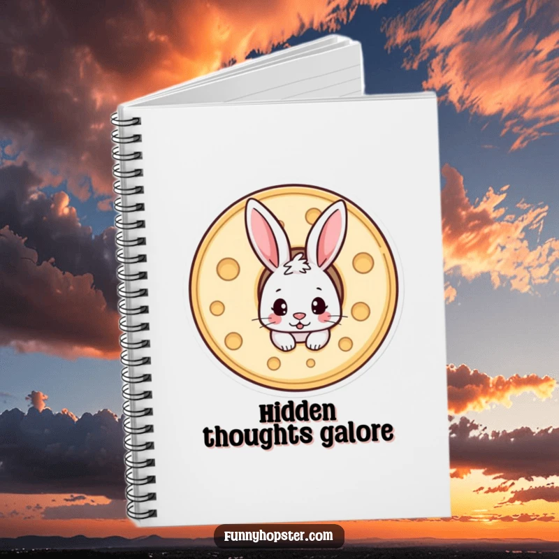 Funny notebook cover featuring a mischievous rabbit peeking playfully from a wheel of cheese, ready to jot notes.