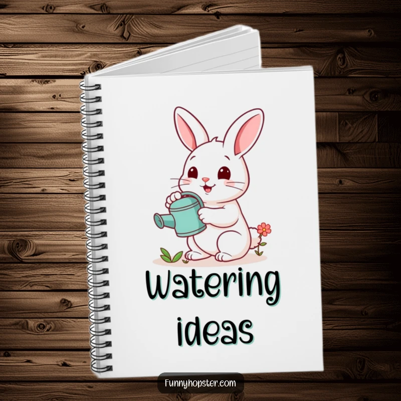 Funny notebook with a cheerful rabbit holding a watering can, tending to a small flower, ideal for note-taking.