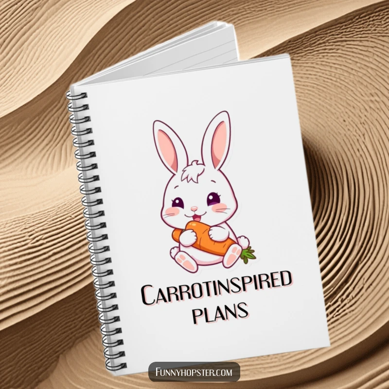 Funny rabbit happily nibbling a large carrot on the cover of a notebook, perfect for a funny gift.