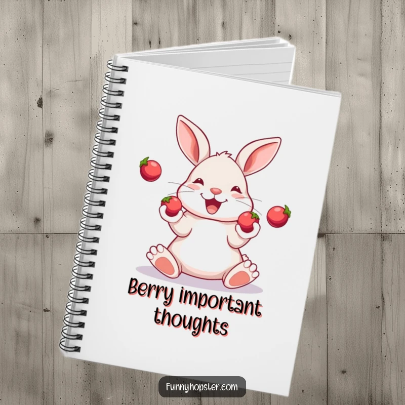 Funny notebook cover with a happy rabbit skillfully juggling three shiny berries with its paws, looking organized.