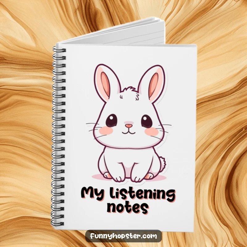 Funny kawaii rabbit notebook with a cute bunny with ears perked up, listening intently, perfect for journaling and note-taking.