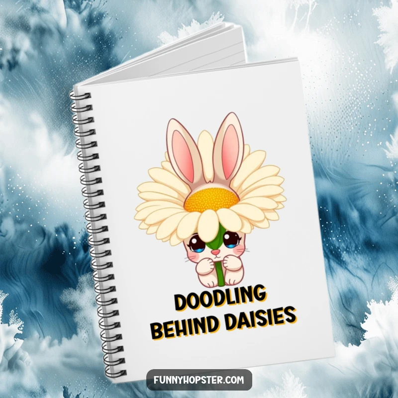 Funny notebook with a rabbit character with wide, curious eyes peeking from behind a giant daisy, ideal for note-taking.