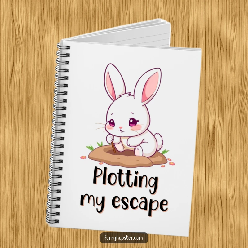 Funny notebook cover with a cute pink-eyed rabbit digging a hole with its tiny paws, inspiring focused planning.