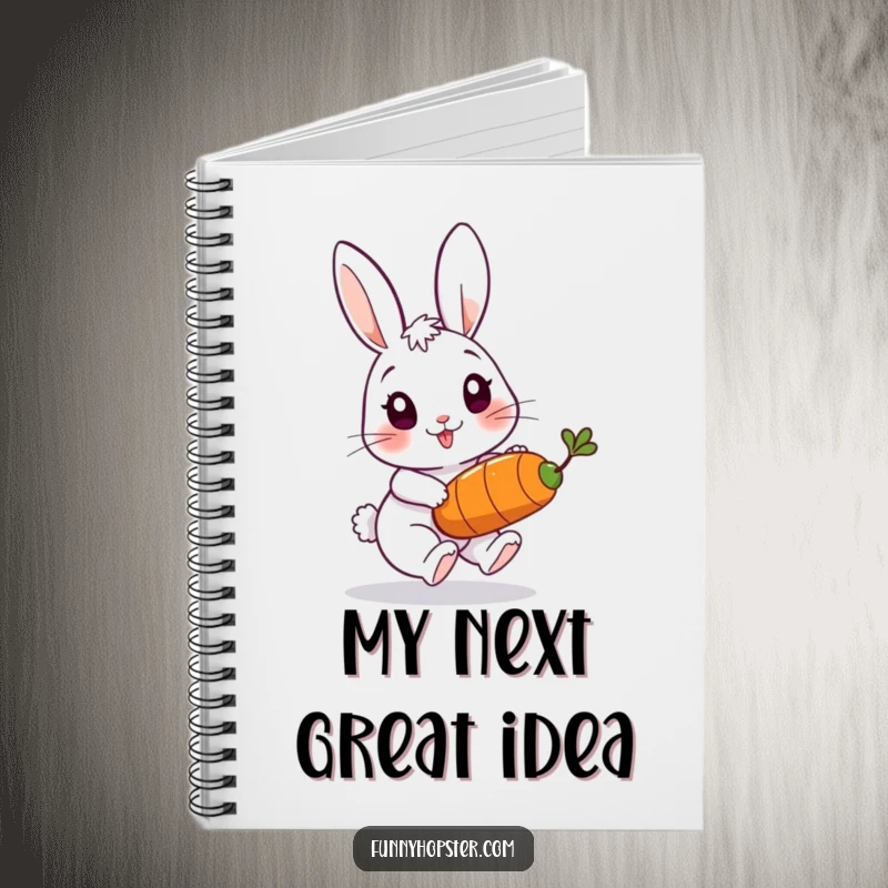 Funny notebook with a playful rabbit character chasing a bouncing carrot, perfect for jotting down ambitious thoughts and plans.