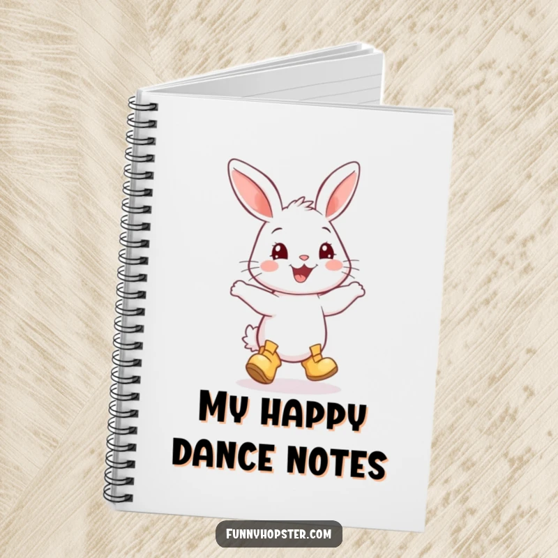 Funny notebook cover with a smiling rabbit wearing tiny boots, joyfully dancing and inspiring happy thoughts.