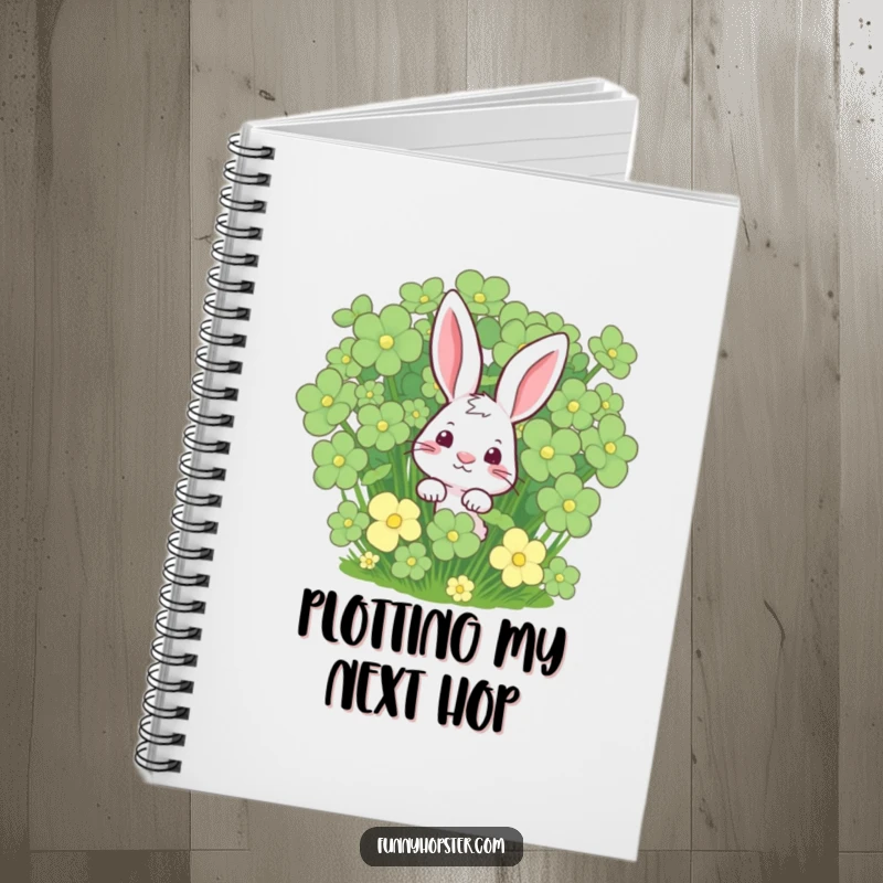 Funny rabbit peeking from a clover patch on a notebook cover, perfect for jotting notes with luck, a thoughtful funny gift.