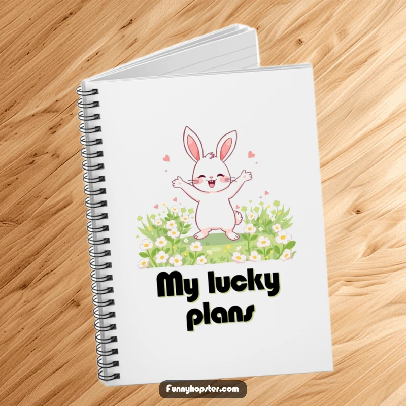 Funny Notebook featuring a happy rabbit dancing in a clover field, ideal for journaling joyful thoughts.