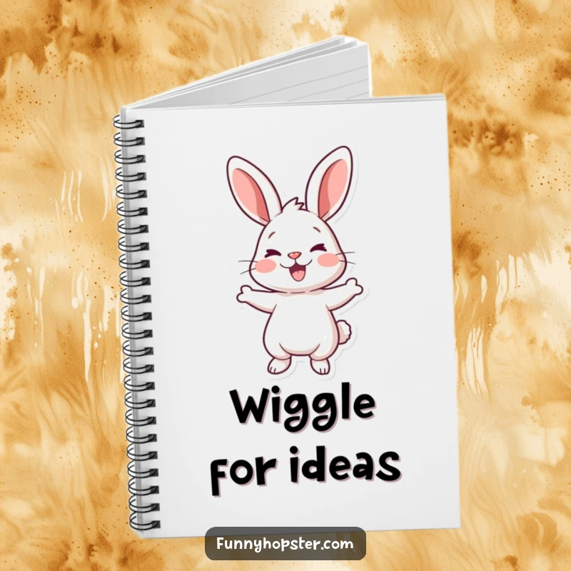 Funny notebook with a cartoon rabbit doing a happy wiggle, perfect for jotting notes with a smile.