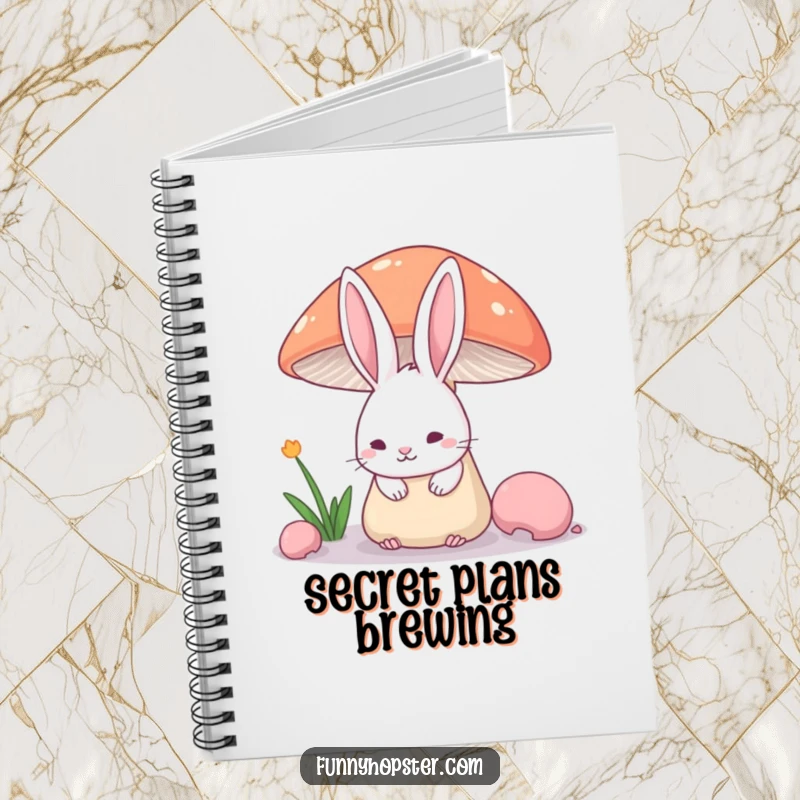 Funny Notebook featuring a shy rabbit's ears above a mushroom, ideal for note-taking with a touch of hidden cuteness.