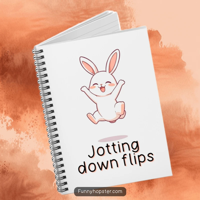 Funny notebook with a rabbit character performing a joyful somersault with its legs in the air, ideal for note-taking.