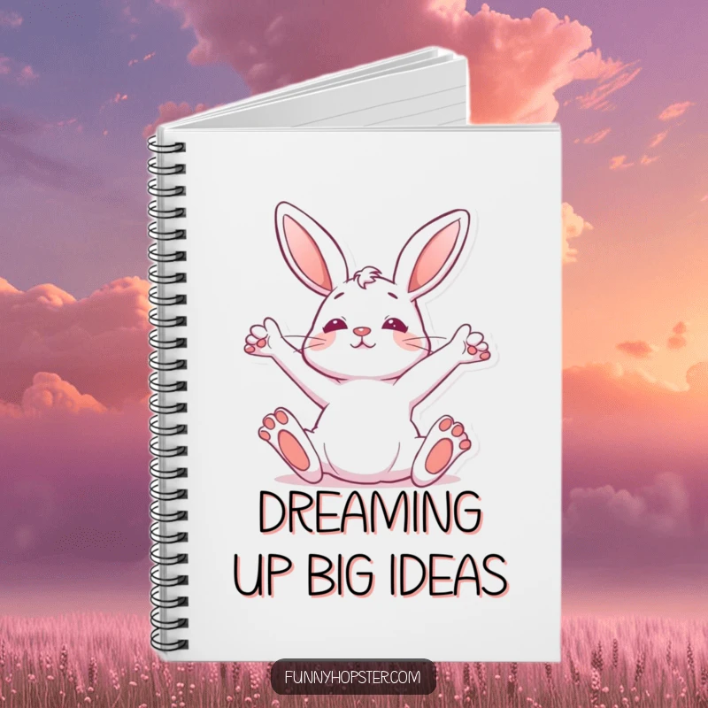 Funny Notebook with a rabbit stretching upwards, ideal for jotting down relaxed thoughts and creative ideas with humor.