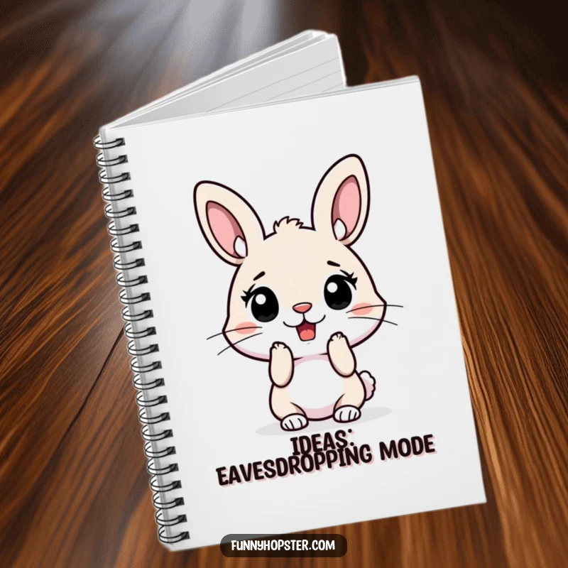 Funny notebook with a surprised rabbit character whose ears are perked high, ideal for jotting down thoughts with humor.
