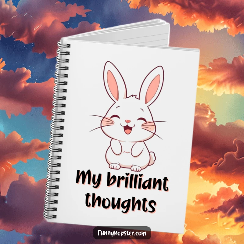 Funny notebook cover with a stylized rabbit character whose exaggerated whiskers wag with pure delight, inspiring happy ideas.