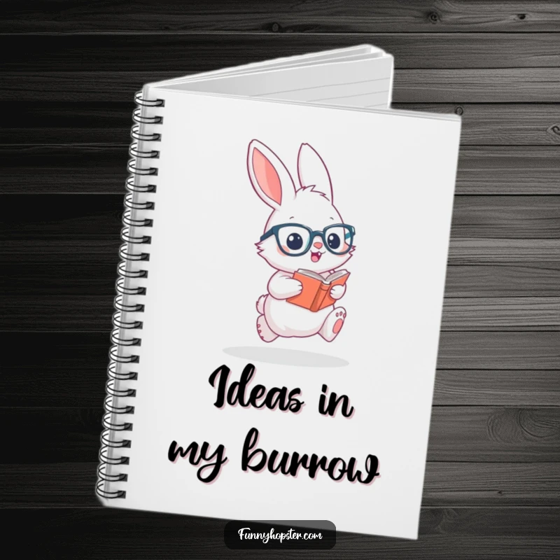 Funny notebook with a fluffy rabbit in glasses hopping excitedly with a book, perfect for jotting down clever thoughts.