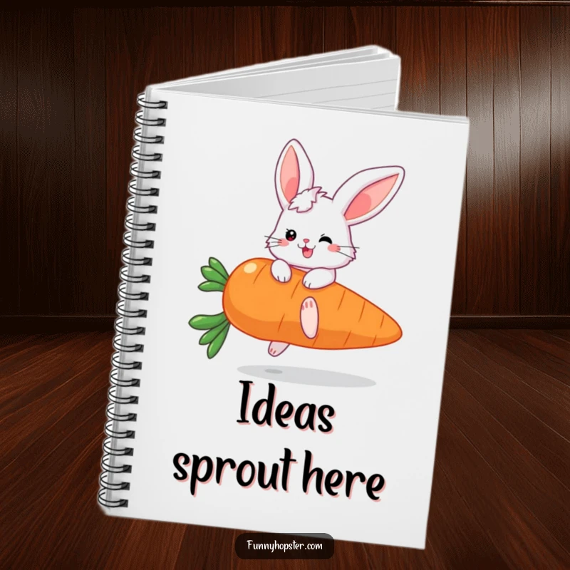 Funny notebook cover showing a fluffy bunny with large ears bouncing on a giant carrot, inspiring creativity and joy.