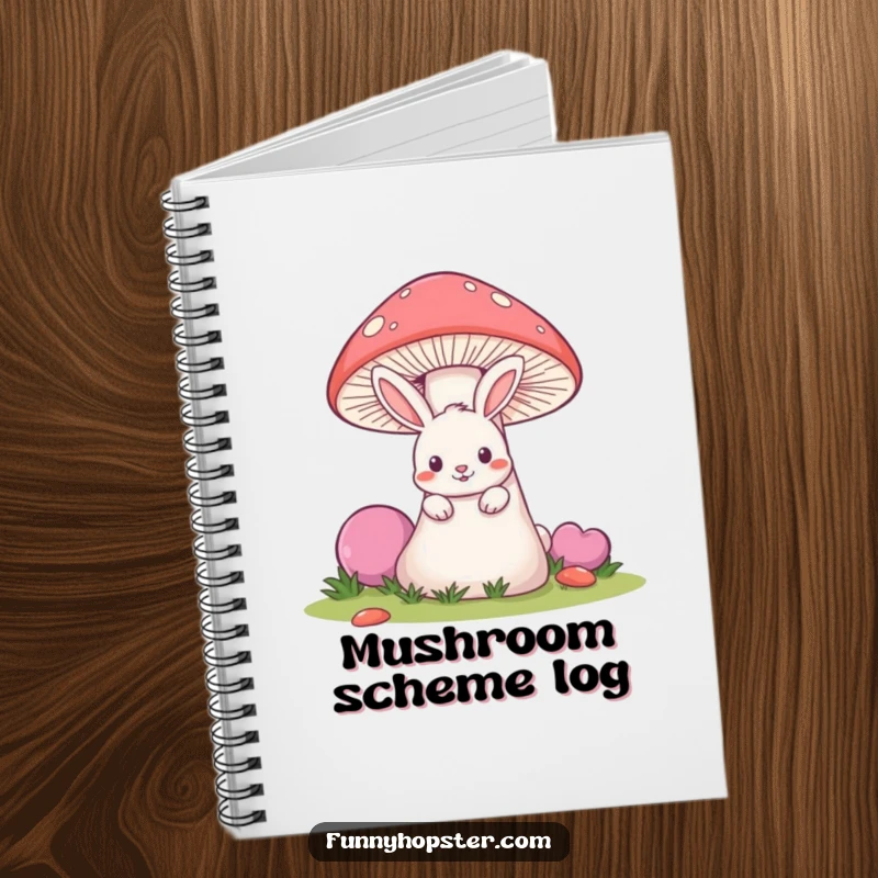 Funny notebook featuring a mischievous rabbit peeking from behind a giant mushroom, for notes and secrets.