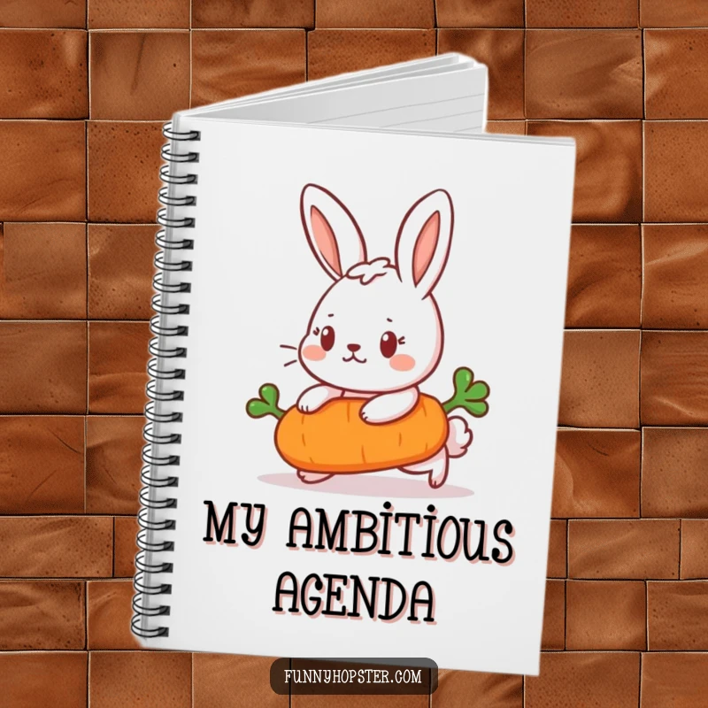 Funny Notebook with a determined rabbit pushing a carrot, ideal for planning strategies and achieving goals with humor.