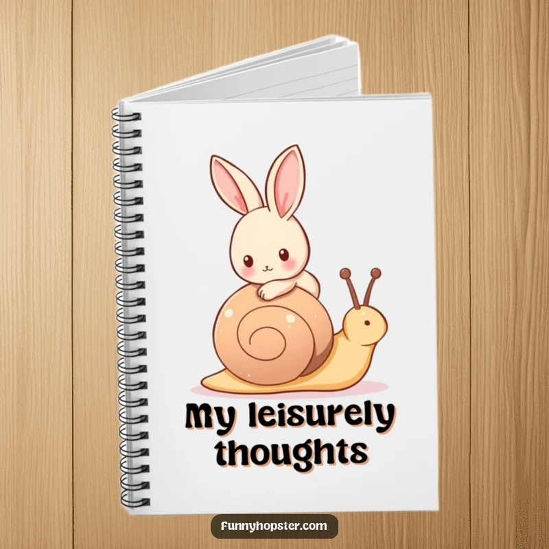 Funny notebook cover with a tiny rabbit happily riding on the back of a friendly, slow-moving snail.