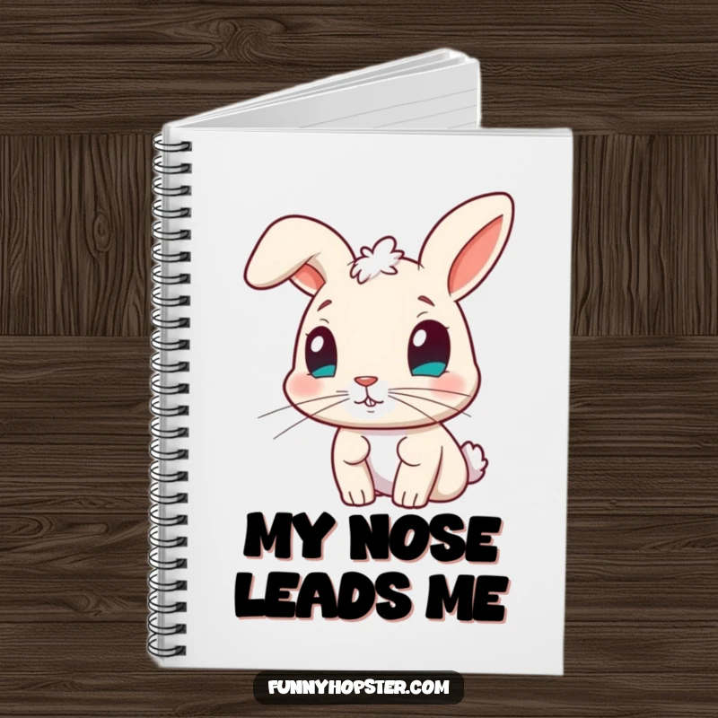 Funny notebook with a curious rabbit character demonstrating a nose twitch, ideal for capturing intriguing thoughts and observations.