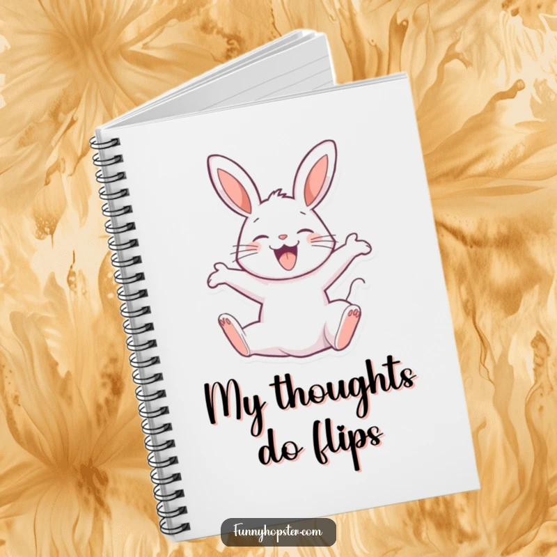 Funny notebook with a joyful rabbit character performing a happy backflip, perfect for capturing enthusiastic thoughts and brilliant ideas.