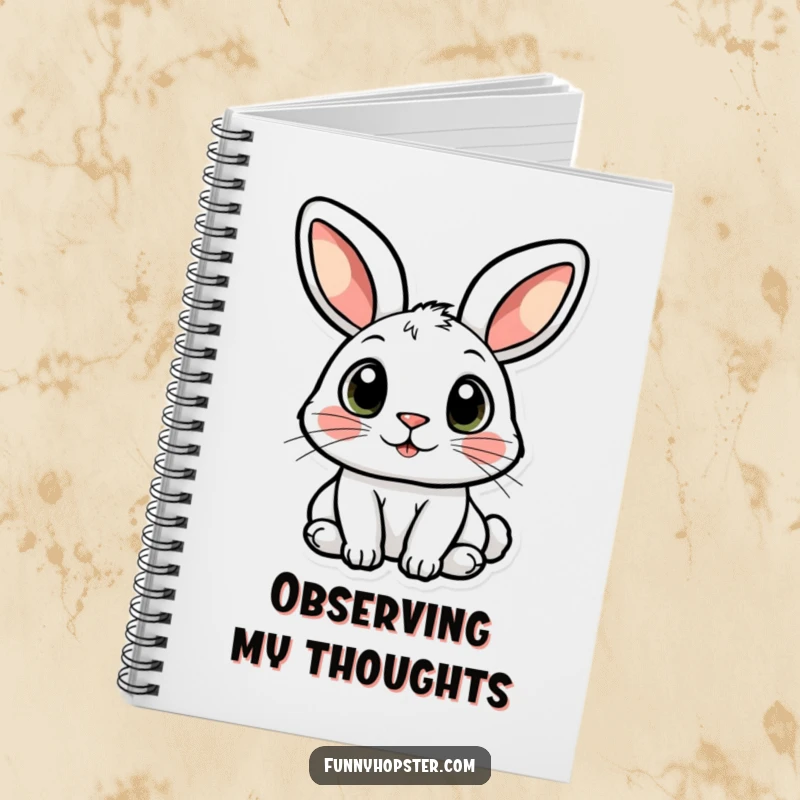 Funny notebook with a rabbit character whose wide, curious eyes invite exploration of new ideas.