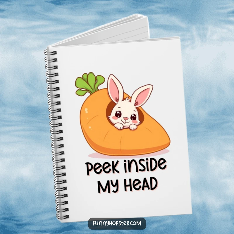Funny notebook featuring a curious rabbit peeking from a giant carrot, ideal for jotting down secret plans and ideas.