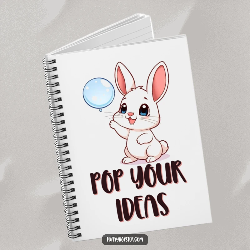 Funny notebook featuring a playful rabbit batting at a floating bubble, ideal for jotting down joyful thoughts and ideas.