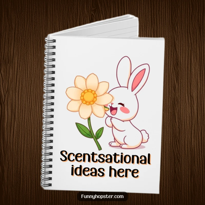 Funny kawaii rabbit character excitedly sniffing a large flower on the cover of a notebook, perfect for a funny gift.