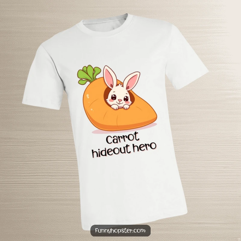 Funny t-shirt featuring a curious rabbit peeking from inside a giant carrot, symbolizing playful hide-and-seek and discovery.