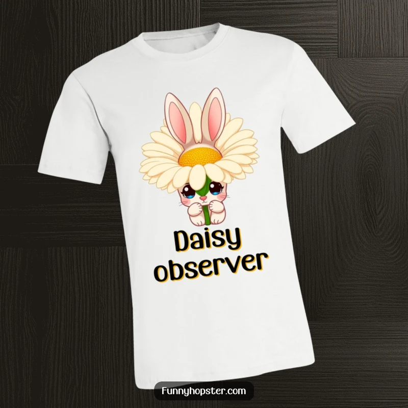 Funny t-shirt featuring a rabbit with wide, curious eyes peeking from behind a giant, colorful daisy, embodying playful observation.