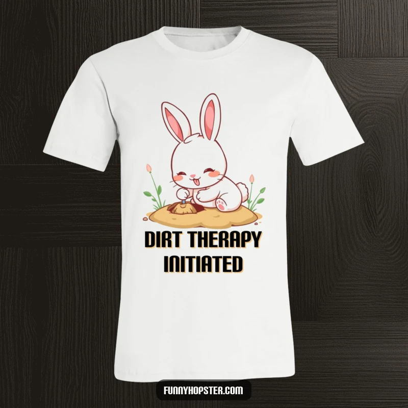 Funny kawaii rabbit t-shirt showing a cute bunny energetically digging a hole with a look of pure joy and determination.