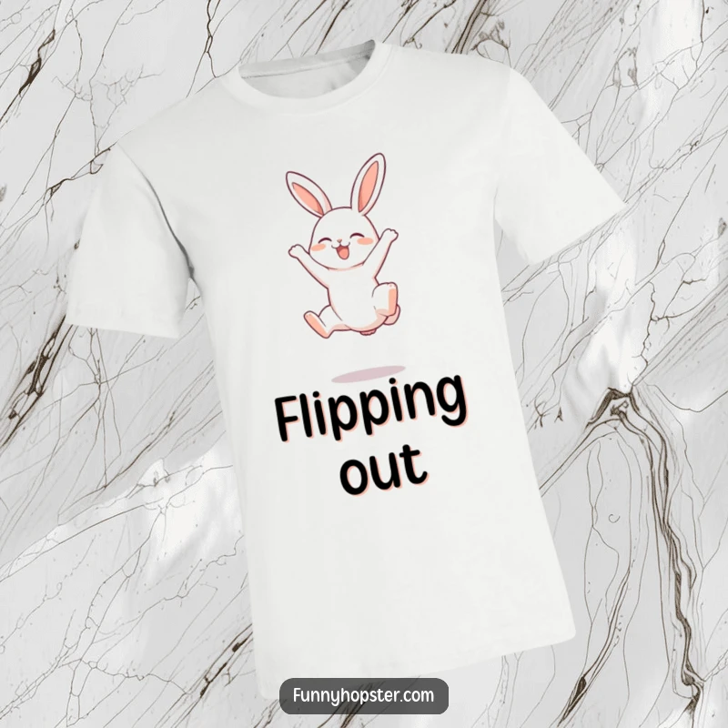 Funny t-shirt featuring a joyful rabbit doing a somersault, its legs flailing playfully in the air, showcasing pure exuberance.