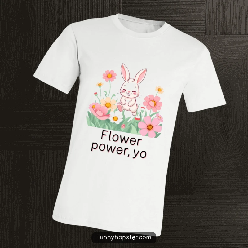 Funny t-shirt featuring a playful rabbit with a sly, mischievous grin hopping joyfully through a field of enormous, vibrant flowers.