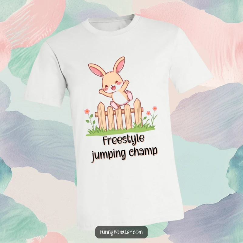 Funny rabbit character mid-leap, soaring with pure delight over a small garden fence, printed on a comfortable t-shirt.
